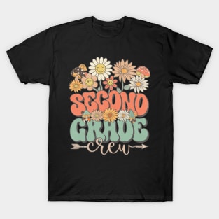 Back To School Retro Groovy Wildflower Second Grade Crew Funny Teacher Girls T-Shirt